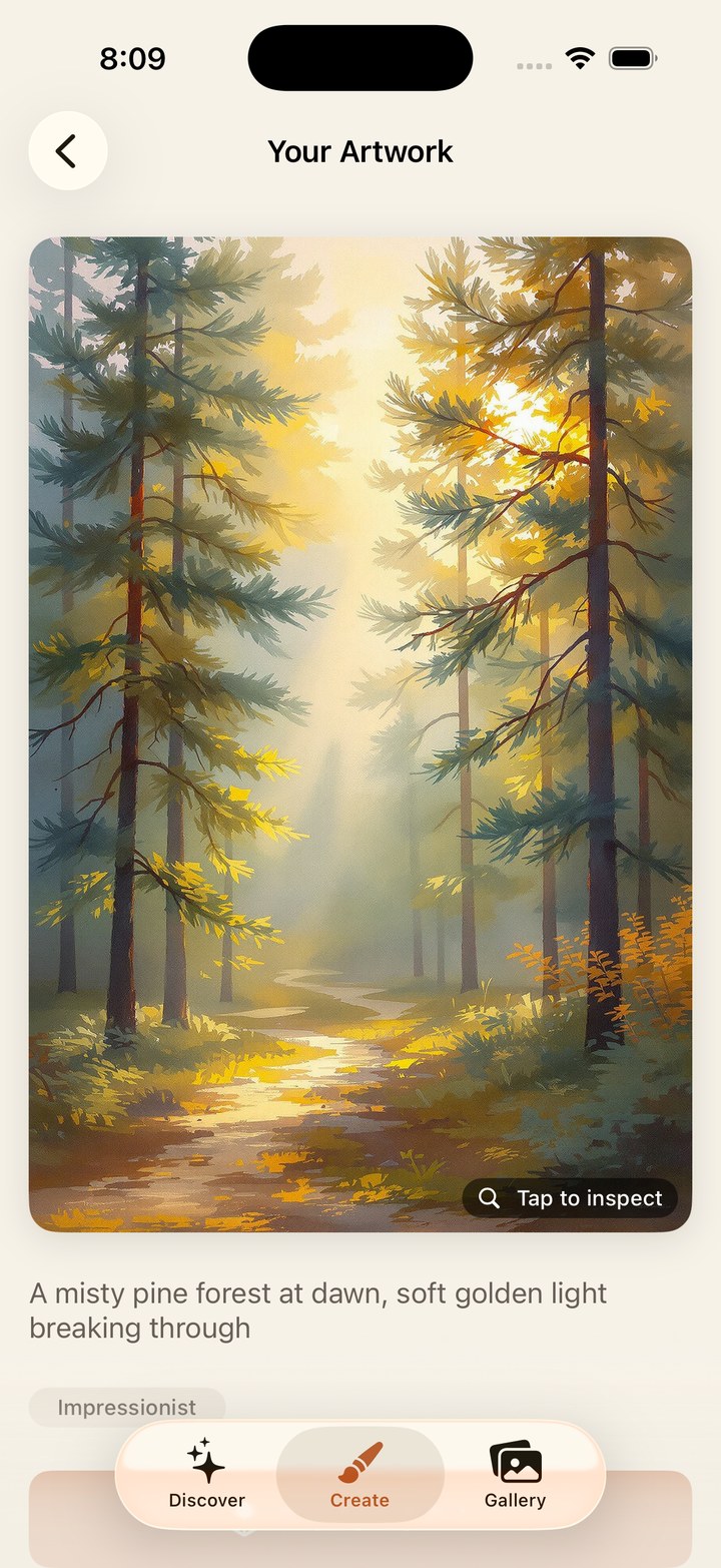 The generated artwork: a misty pine forest painted in soft impressionist light